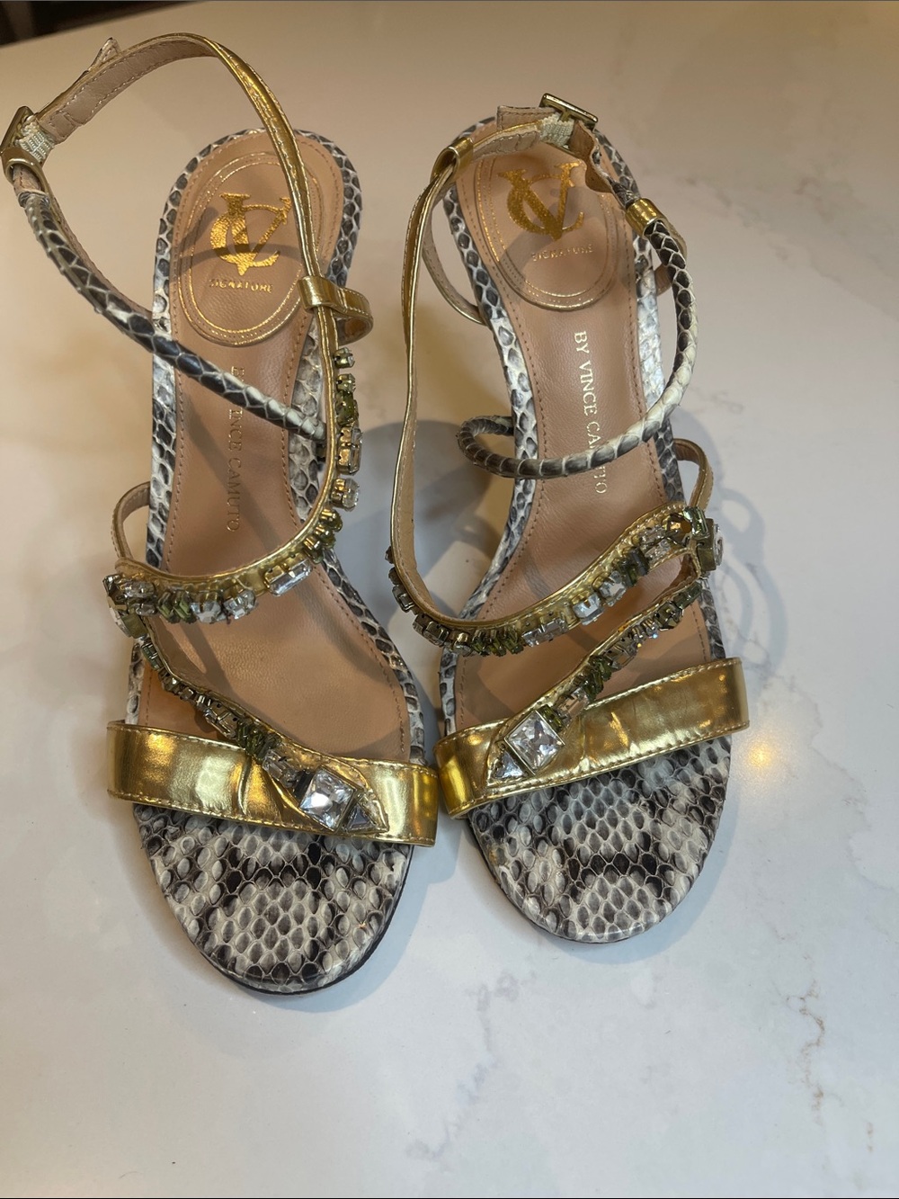Vince Camuto Gold Metallic & Snake-Print Jewel Strap Sandals